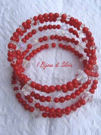 bracciale a 5 giri semirigido, adatto a tutte le misure, perle di vetro rosse e trasparenti, cristalli cecoslovacchi